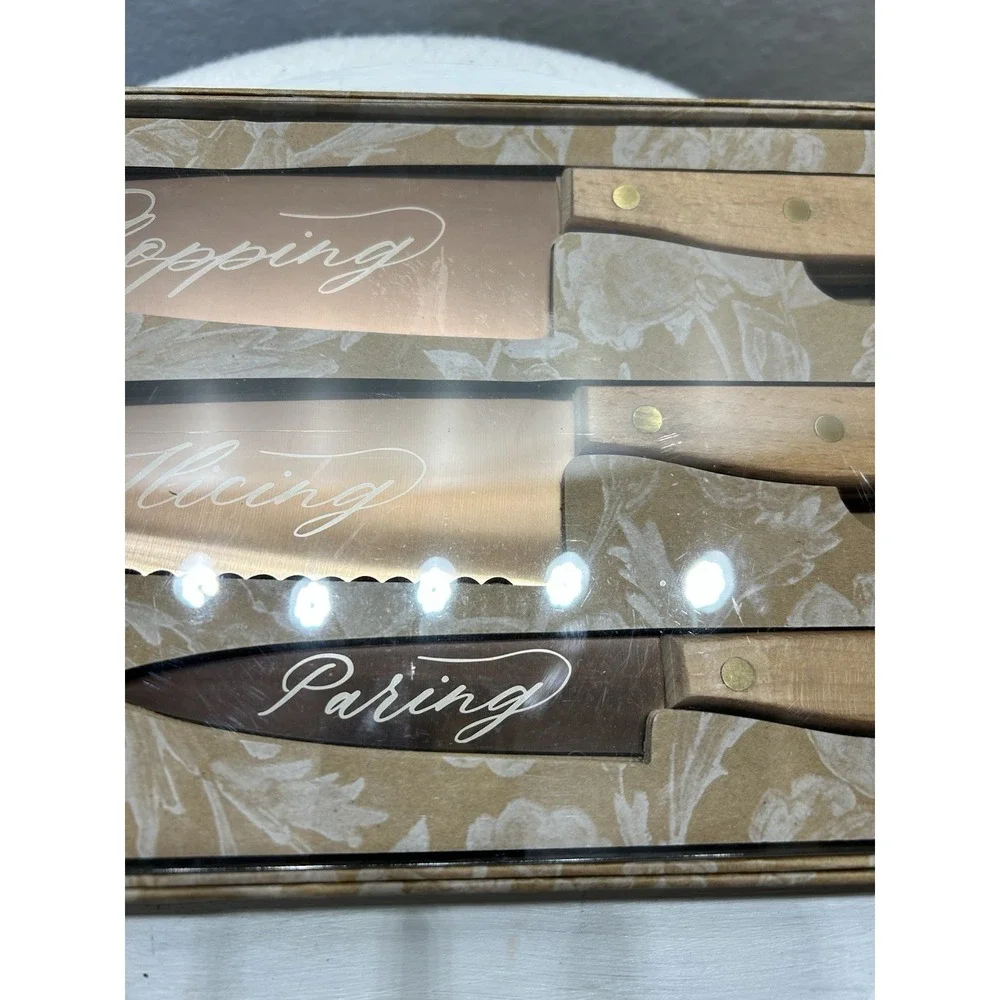 Handcrafted Copper & Beechwood Kitchen Knives Set of 3 Chopping Slicing Paring